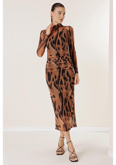 By Saygı Leopar Desenli Önü Büzgülü Astarlı Tül Elbise-35114-taba Taba