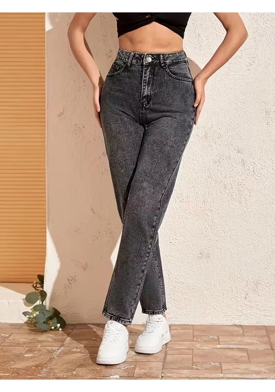 Layal My Beauty Jeannine Kadın Jeans Yüksek Bel Mom Boyfriend Dar Paça Denim Kot Pantolon Füme