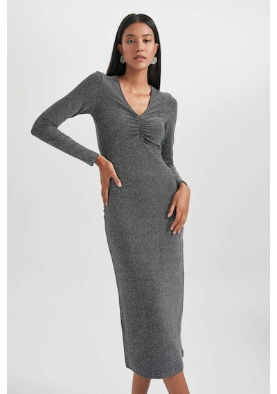 DeFacto Bodycon Basic Düz Vücudu Saran V Yaka Payetli Kumaş Midi Uzun Kollu Elbise B4699AX23WNGR452 Gri