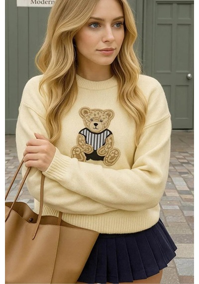 Fashion Friends Bisiklet Yaka Nakışlı Ekru Kadın Kazak 25k0314k1