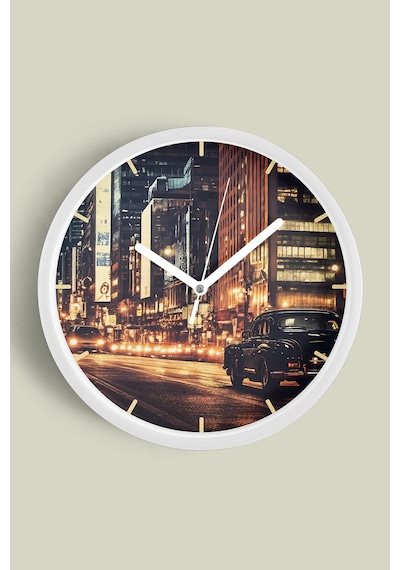 Klasik Araba Ve Gece Şehir Modern Duvar Saati - 25cm - Önü Camlı Beyaz Kasa - Sessiz Mekanizma-jh0779 Beyaz