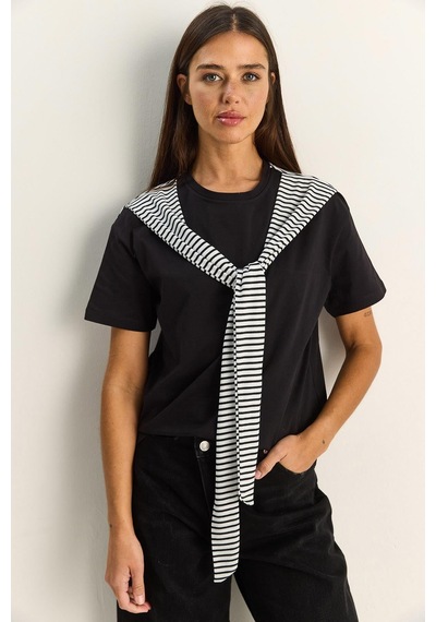 Shade Kadın Çizgili Şal Detaylı Relaxed Basic T-shirt 7679 60286112 - Siyah