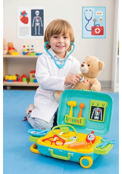 Eğitici Oyuncak Doktor Seti Çantalı Tekerlekli Valizli 15 Parça Çocuk Oyun Seti
