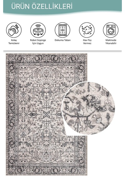 Stonart Eskitme Vintage Desenli Bej/gri Otantik Yıkanabilir Şönil Halı Al 458 Bej