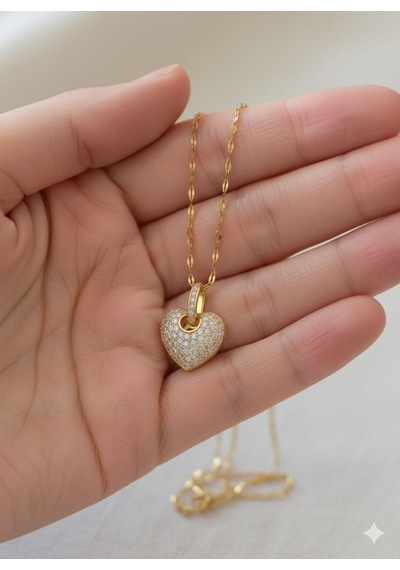 Çelik Zirkon Taşlı Gold Renk Kalpli Kolye Altın