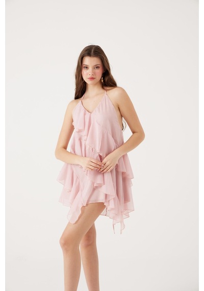 Holly Lolly Fırfırlı Boyundan Bağlamalı Mini Lea Elbise Pembe