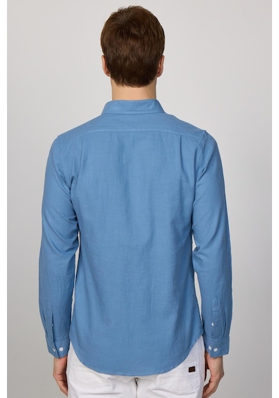 Tudors Erkek Slim Fit Dar Kesim %100 Pamuk Keten Doku Düğmeli Yaka Indigo Gömlek-28746 İndigo