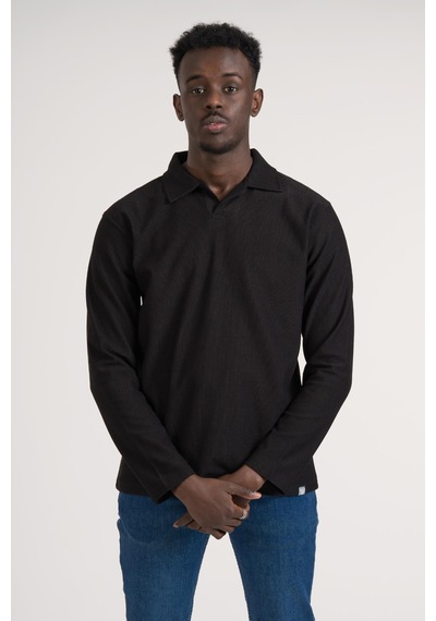 Gömlek Yaka Hafif Armürlü Slimfit Uzun Kol Sweatshirt Siyah