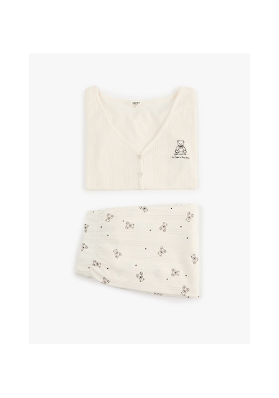 Koton Ayıcık Baskılı Pamuklu Rahat Kalıp V Yaka Kısa Kollu Pijama Takımı Ekru 7wlk40214mk