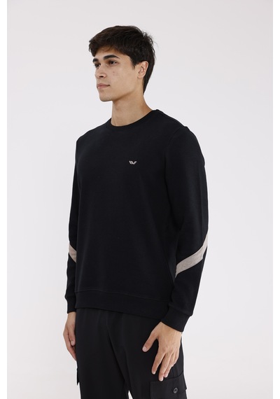 Rowinger Kol Şerit Detaylı Yuvarlak Yaka Göğüs Logolu Rahat Kalıp Mevsimlik Sweatshirt Black