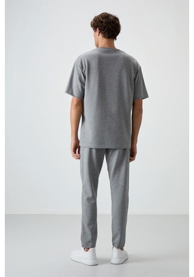 Tommy Life Gri Melanj Pamuklu Kalın Yumuşak Dokulu Oversize Fit Nakışlı Erkek Eşofman Takım - 85252 GRİ MELANJ