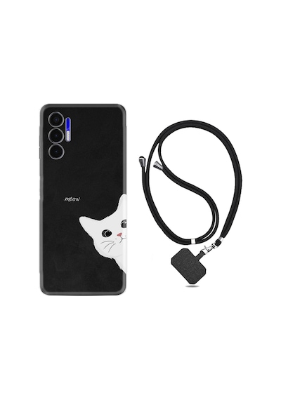 Tecno Pova 3 Kılıf İpli Boyun Askılı Desenli Silikon Çılgın Kedi 1895