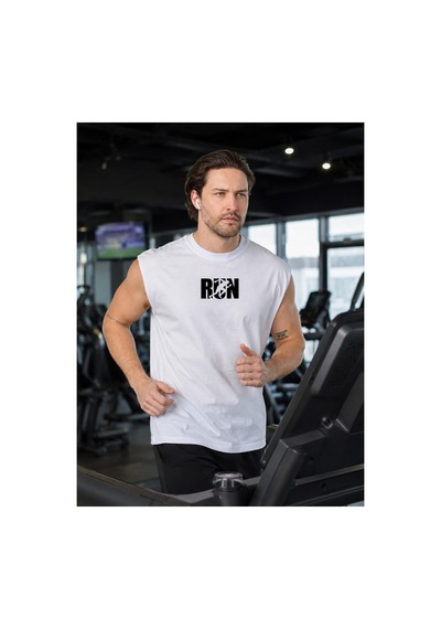 Urbantrendstore Baskılı Unisex Erkek Pamuklu Antrenman Sporcu Atleti Oversize Kolsuz T-shirt Beyaz