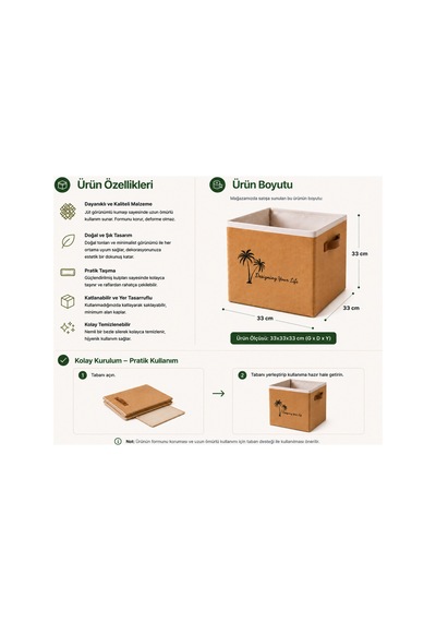 Jüt Dolap Düzenleyici Saklama Kutusu 33x33x33 Cm Katlanabilir Çok Amaçlı Organizer Sepet Doğal