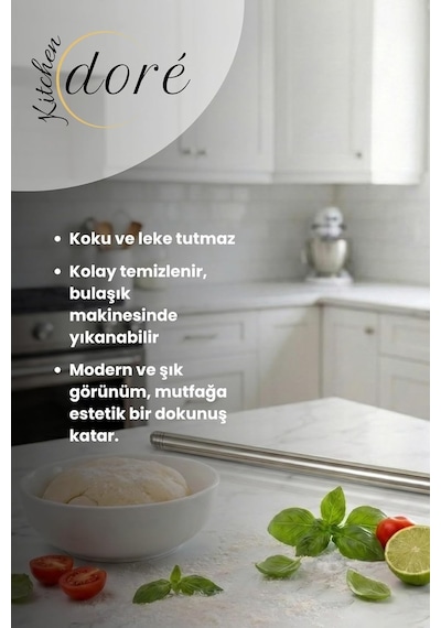 Kitchendore 85 Cm Gümüş Tasarım Paslanmaz Çelik Oklava 304 Çelik Ince Hamur Açmaya Uygun Ağırlık Dengeli Merda