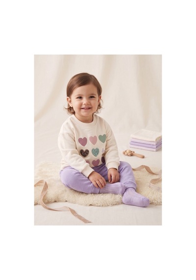 Deniva Kids Kız Bebek Ekru Lila Kalp Baskılı İki İplik Pamuklu Sweatshirt Eşofman Altı 2'li Takım Mor