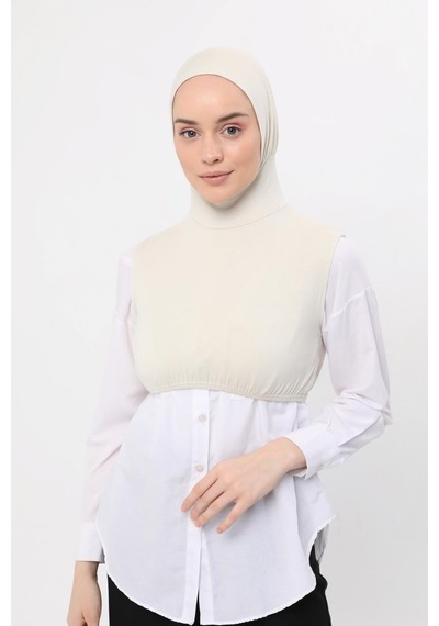 Altobeh Sıfır Kollu Boyunluklu Boneli Yarım Body Krem Çok Renkli
