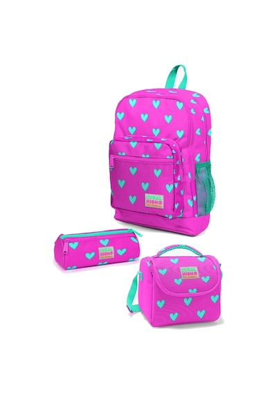 Coral High Kids Neon Pembe Su Yeşili Kalp Desen 3'lü Okul Çanta Seti Goset0123113