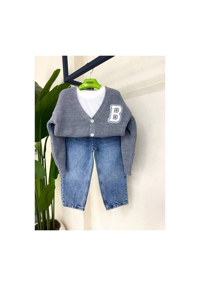 Toikids Erkek Çocuk Triko Hırka Detaylı 3lü Kot Takım Gri