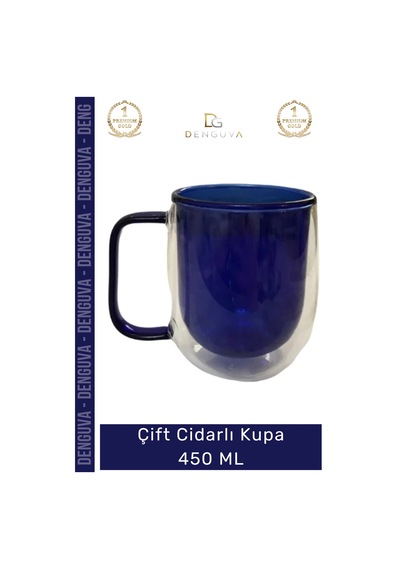 Camkupa Isı Yalıtımlı Modern Tasarım 450 Ml Kapasite Kaliteli Çift Cidarlı Cam Kupa Lacivert Çok Renkli