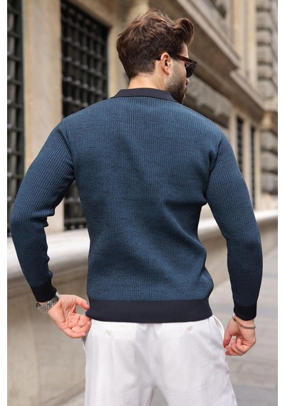 Madmext Lacivert Polo Yaka Dokulu Erkek Triko Kazak E7511