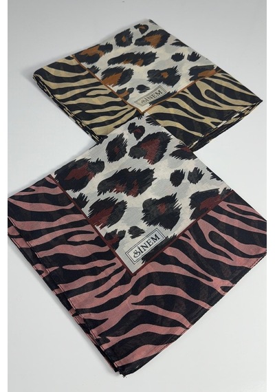 Sinem İndia Leopar Desen 2'li Sorti Eşarp -6294 Bordo-taba