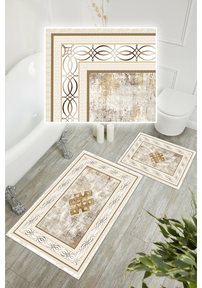 Dijital Baskı Klasik Kaymaz Taban 2li Set Banyo Paspası Klozet Takımı 50x60cm-60x100cm Krem