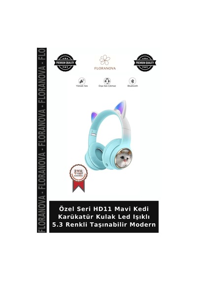 Özel Seri Hd11 Mavi Kedi Karükatür Kulak Led Işıklı 5.3 Renkli Taşınabilir Modern