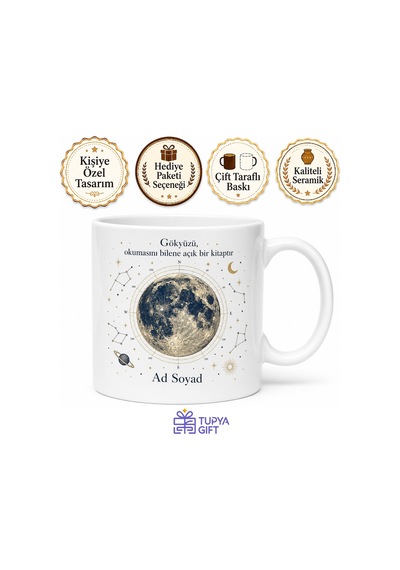 Ali Kuşçu Ay Haritası Astronomi Gökbilim Yıldız Gözlemcisi Özel Tasarım Porselen Kupa Bardak Hediye Beyaz / Çok Renkli