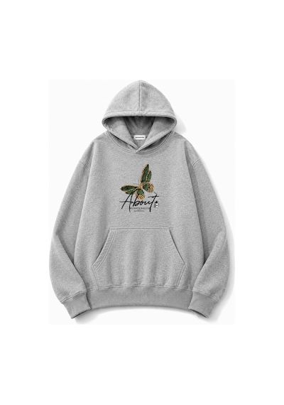 Herkesemoda Yeşil Kelebek Baskılı Kapüşonlu 2 İplik Şardonlu Sweatshirt Gri