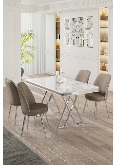 Canisa Vals Serisi 80x130 Lak Panel Beyaz Mermer Desen Masa Takımı Krom Ayaklı 4 Cappucino Sandalye Beyaz Mermer Desen Masa Cappucino Sandalye Canisa Vals Serisi 80x130 Lak Panel Beyaz Mermer Desen Masa Takımı Krom Ayaklı 4 Cappucino Sandalye Beyaz Mermer Desen Masa Cappucino Sandalye