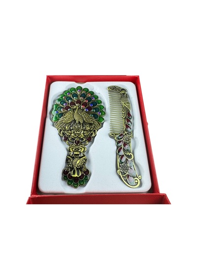 Tavus Kuşu Desenli Vintage Ayna Tarak Seti Özel Tasarım Ve Özel Kutulu 13,5 Cm & 13 Cm Yeşil