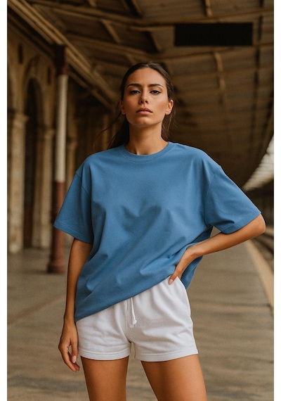 Kadın Mavi %100 Pamuk Oversize Basic Tişört Rahat Kalıp Relaxed Bisiklet Yaka T-shirt Çok Renkli