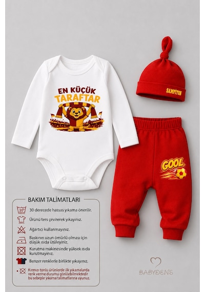 Babyden's %100 Pamuk Sarı Kırmızı En Küçük Taraftar 3'lü Yenidoğan Bebek Takımı Uzun Kollu Body Pantolon Şapka Seti