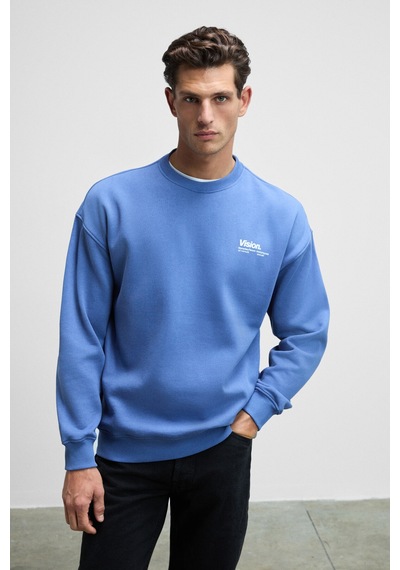 Grimelange Ernest Erkek Organik Pamuklu Yumuşacık Baskı Detaylı Bisiklet Yaka İçi Polarlı Açık Mavi Sweatshirt