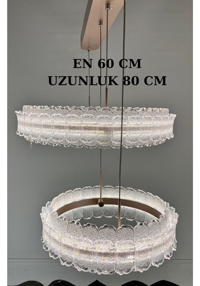Lüks Çift Halka Tasarımlı Rose Gold Detaylı Kristal Camlı Modern Led Avize Pudra