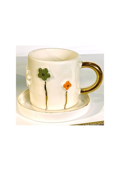 24 Ayar Altın 140 Ml El Yapımı Papatya Mug Daisy Flower Çiçek Lale Beyaz - Çok Renkli