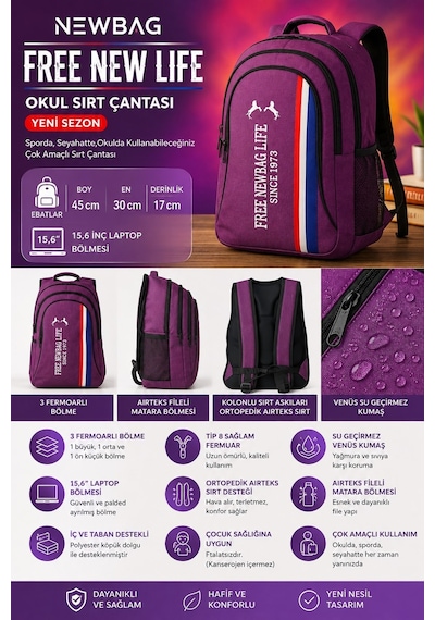 Newbag Free New Life Okul Sırt Çantası Yeni Sezon Mor