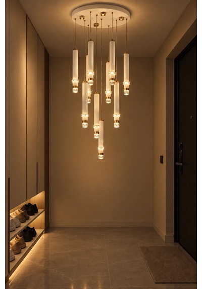 Modern Premium 10'lu Led Gold Beyaz Sarkıt Avize 112w 4000k Dekoratif Salon Avizesi