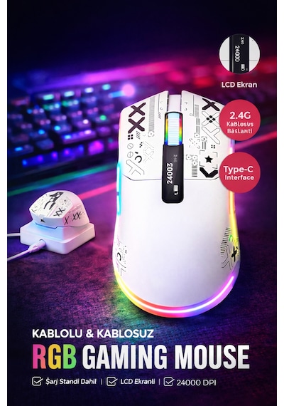 24000 Dpı Rgb Gaming Mouse Kablosuz + Bluetooth + Kablolu Lcd Ekranlı Şarj Standlı Profesyonel Oyuncu Mouse X-ks2n
