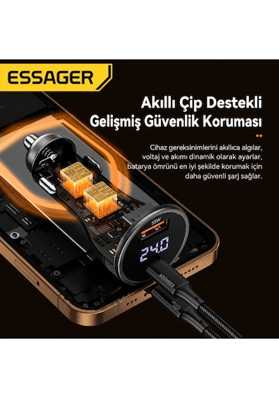 Essager 100w Çift Port Araç Şarj Cihazı Type-c Usb Hızlı Şarj Dijital Voltaj Göstergeli