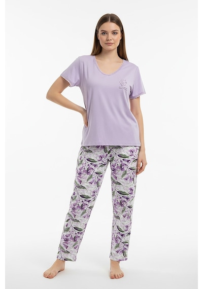 Kompedan Kadın Ring Viskon V Yaka Altı Desenli Kısa Kol Pijama Takım Lila 40113-4118