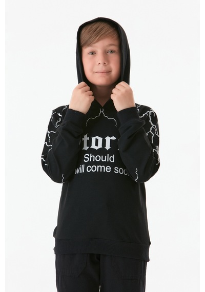 Fullamoda Baskılı Kapüşonlu Erkek Çocuk Sweatshirt 25kcck1303206202-siyah 25KCCK1303206202-Siyah