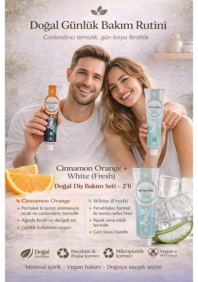Ben & Anna White + Cinnamon Orange Doğal Diş Macunu Seti 75 Ml X 2 Vegan, Florürlü, Paraben İçermez