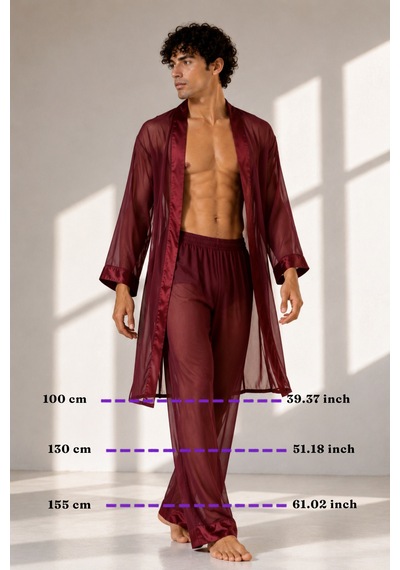 Qmen Style Erkek Şifon Kimono- Pijama - Şort Seti Bordo
