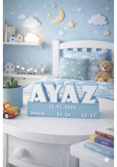 Kişiye Özel İsimli Bebek Odası Dekorasyonu - Yenidoğan Doğum Bilgili Hediyelik Künye Açık Mavi