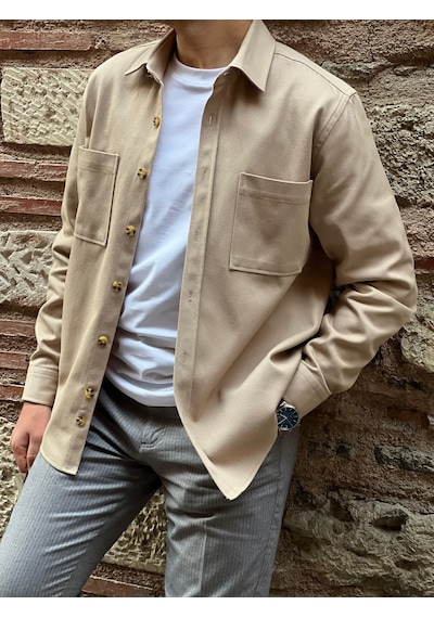 Oversize Gabardin Pamuklu Hediye Kutulu Erkek Ceket Gömlek Fs-003868 - Bej-2554