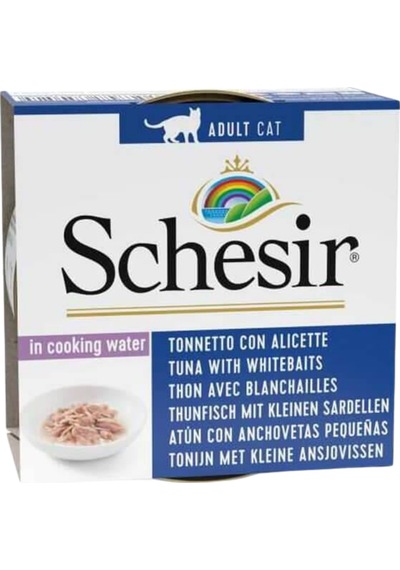 Schesir Ton Balığı Ringa Balığı ve Pirinçli Pişirme Suyunda Yetişkin Kedi Konservesi 85 G