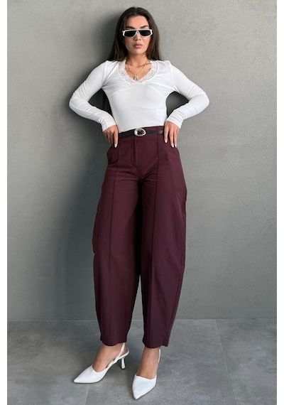 Madmext Mürdüm Modern Kesim Kemerli Yüksek Bel Bol Paça Kumaş Pantolon Mg2618 Mürdüm
