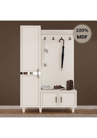 Kardelen Mdf Raflı Askılıklı Ayaklı Tasarım Portmanto Ayakkabılık Krem